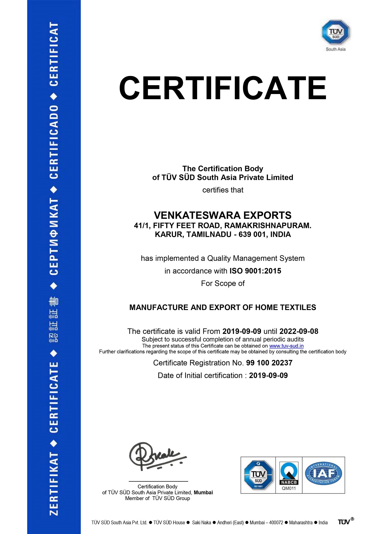 ISO 9001:2015 certified company by TUV SUD
